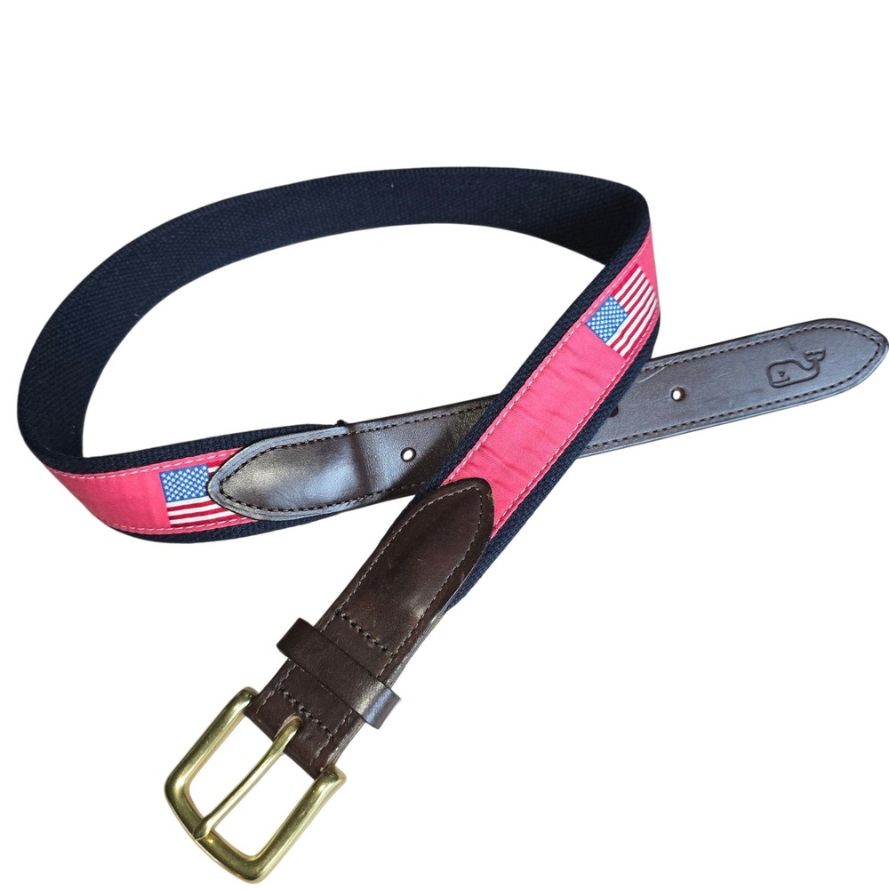 Vineyard Vines Mens 30 Belt Navy Pink American Flag Canvas Leather Made in USA